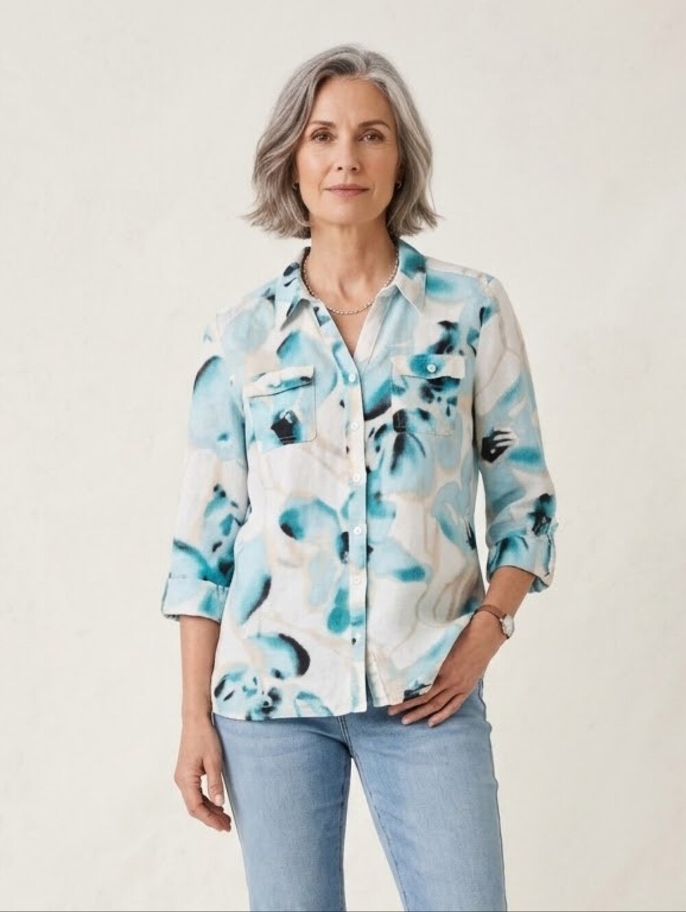 JM Collection Linen Abstract Print 3/4 Sleeve Top